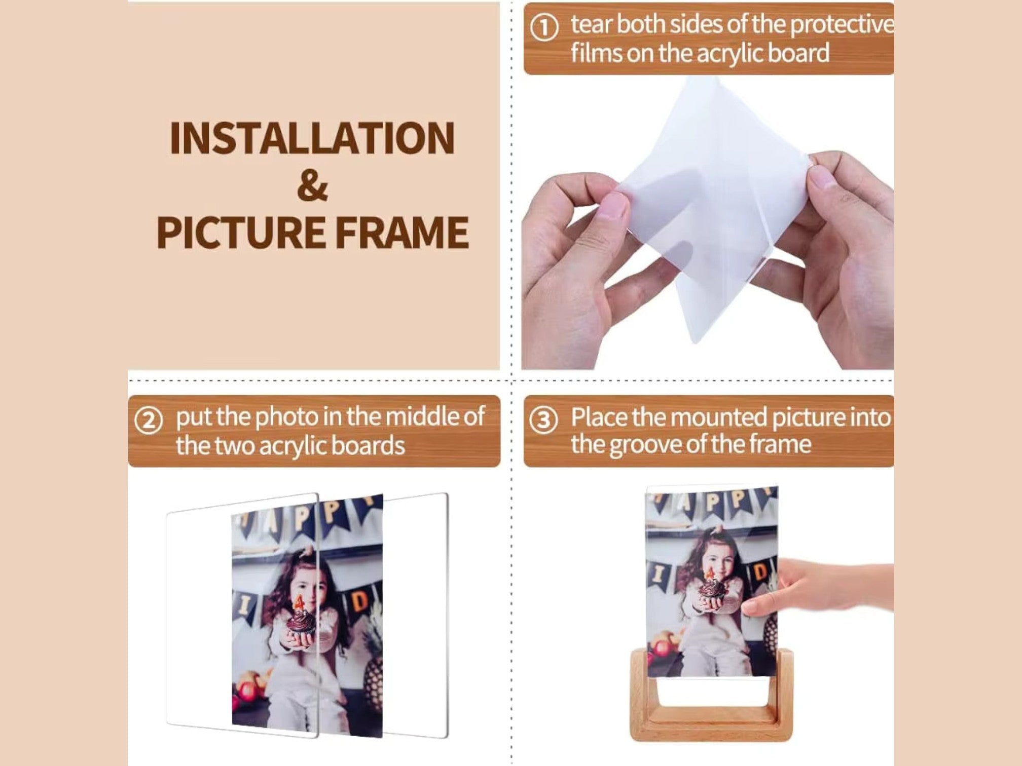 U-Shape Acrylic Wooden Photo Frame Set