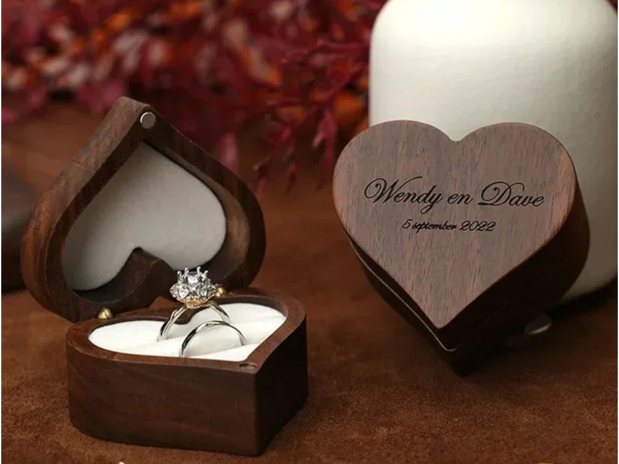 Heart-Shaped Walnut Ring Box [Custom Engraving Included]