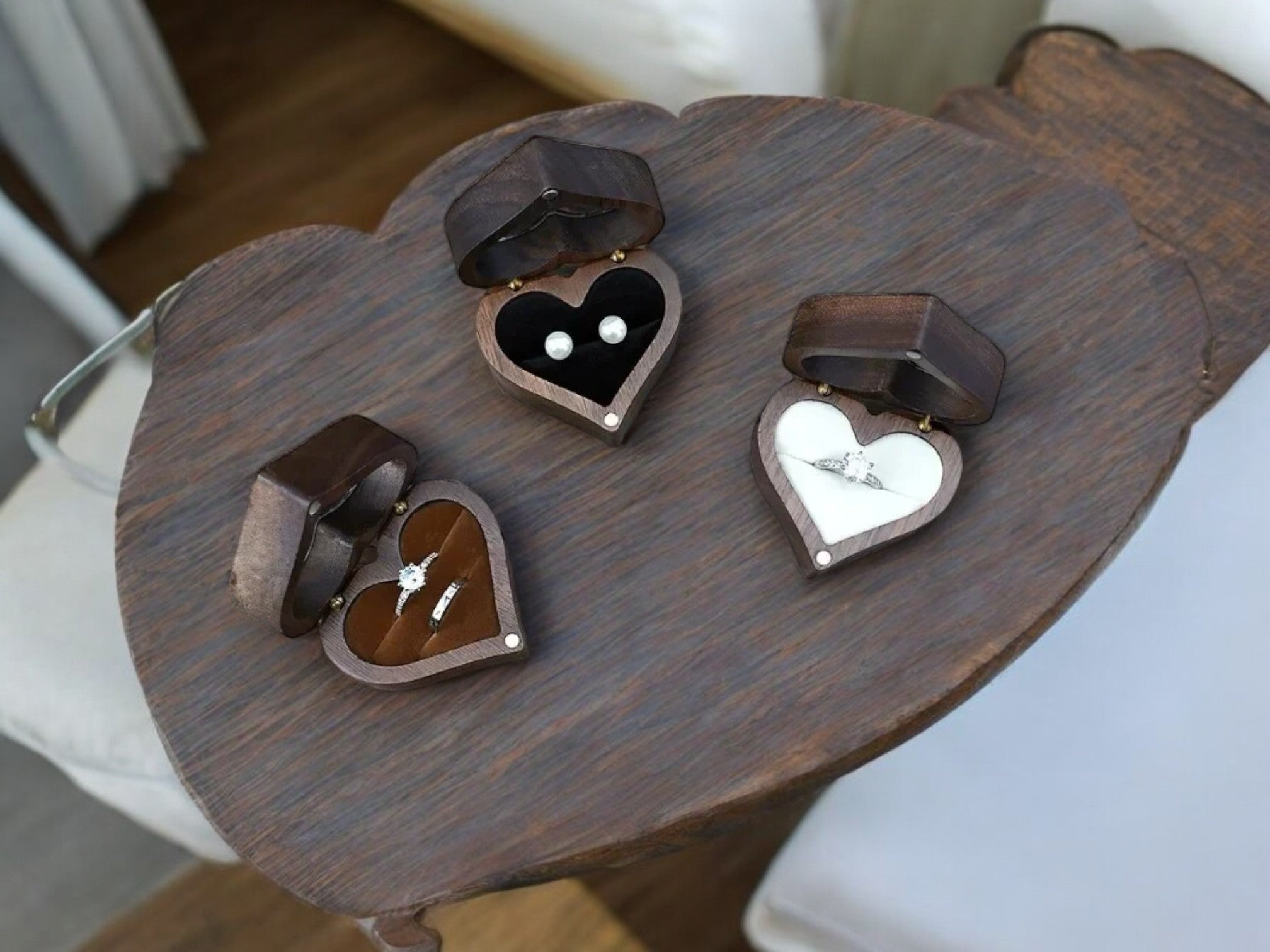 Heart-Shaped Walnut Ring Box [Custom Engraving Included]