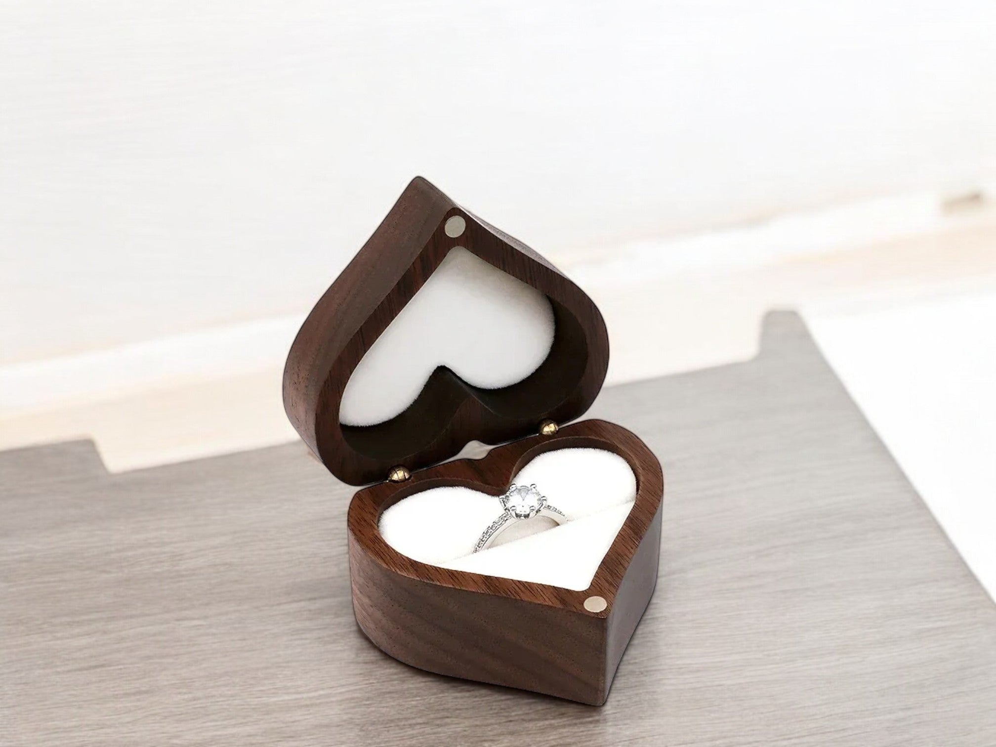 Heart-Shaped Walnut Ring Box [Custom Engraving Included]